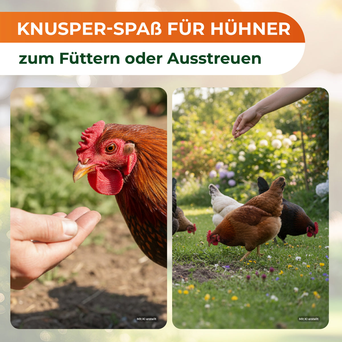 Zwei Fotos zeigen eine Hand, die Hühner füttert, und mehrere Hühner, die auf einer Wiese picken