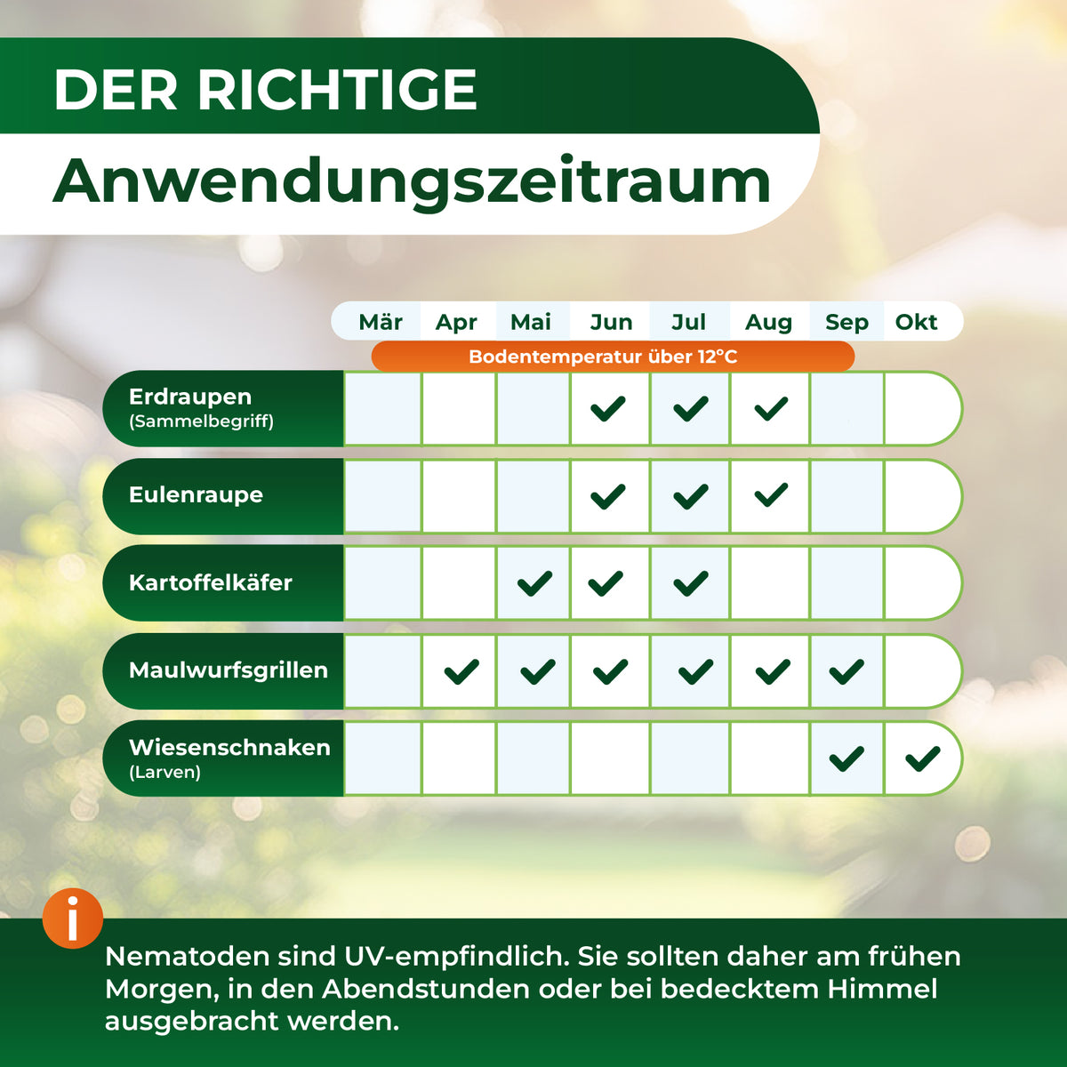 Tabelle mit Anwendungszeiträumen für Nematoden gegen verschiedene Schädlinge von März bis Oktober bei Bodentemperatur über 12 Grad Celsius